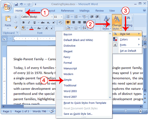 how to apply style set in word 2016