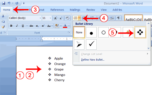 how to add bullet point in microsoft word 2013